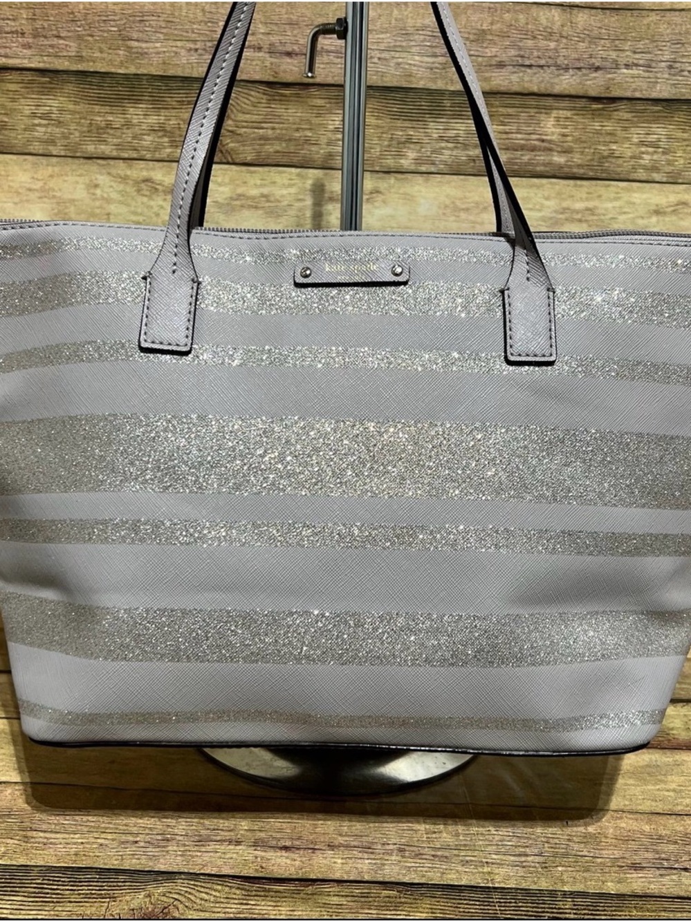 kate spade Haven lane Hani Silver/grey Stripe Tote w/ matching makeup pouch NWT - Picture 6 of 8